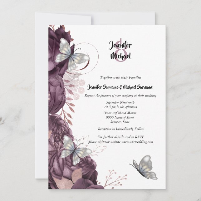 Invitation Mauve argent rose papillon chic mariage élégant (Devant)
