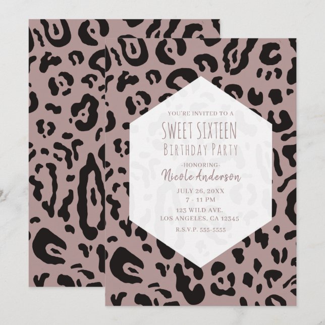 Invitation Mauve Blush Pink Cheetah Leopard Sweet 16 Fête En (Devant / Derrière)