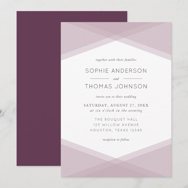 Invitation Mauve couche géométrique et Mariage violet foncé (Devant / Derrière)