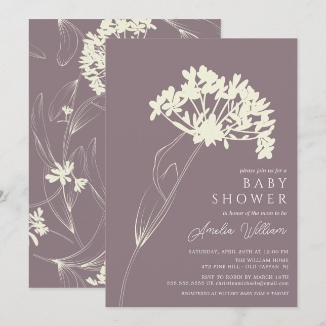 Invitation Mauve & Crème Moderne Floral Baby shower Invitatio (Devant / Derrière)