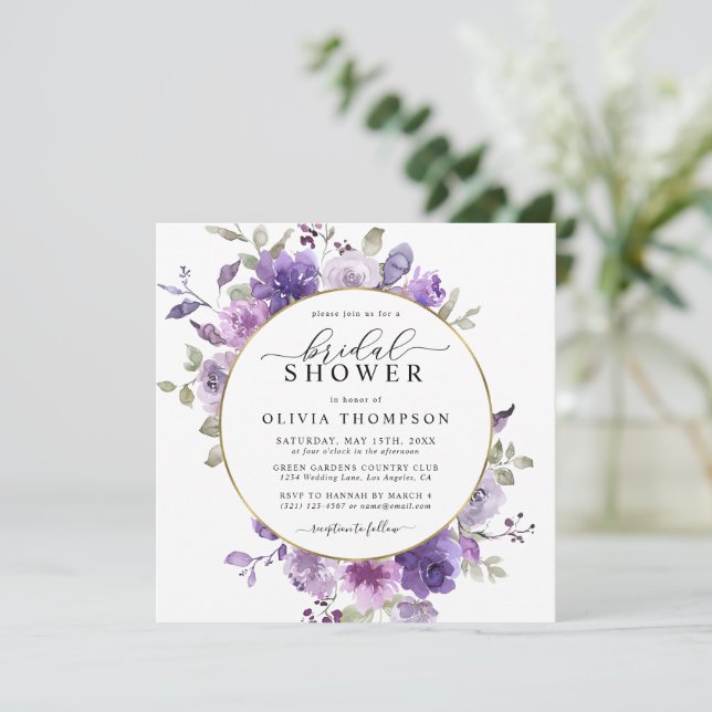 Invitation Mauve Dusty Purple Floral Argent Fête des mariées (Debout devant)