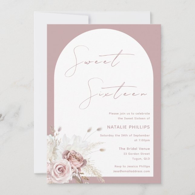 Invitation Mauve Dusty Rose Arch Blush Floral Sweet 16 (Devant)