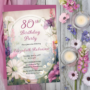 Invitation Mauve Élégant Floral pour les 80 ans Multi