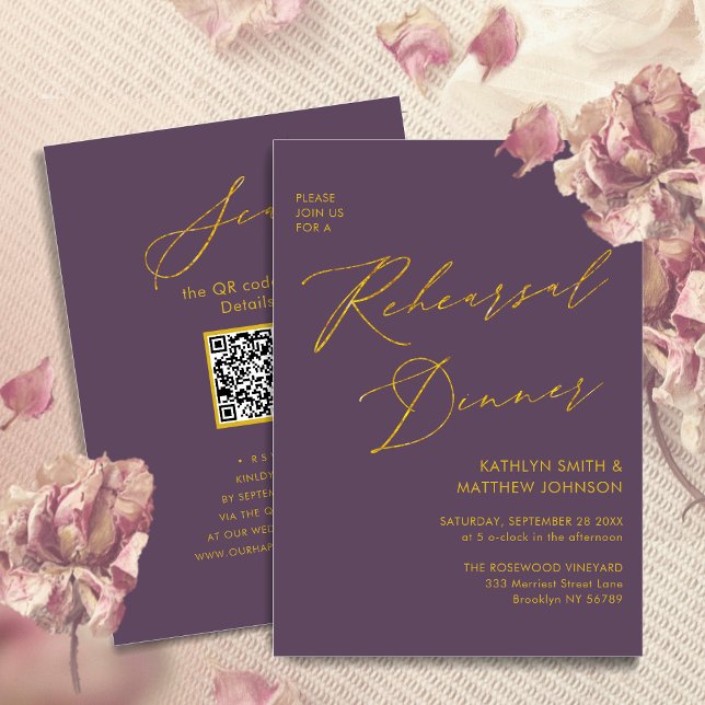 Invitation Mauve Elegant Gold Script Rehearer Diner Code QR (Créateur téléchargé)