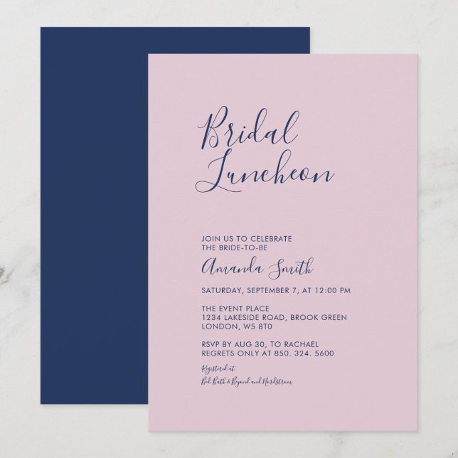 Invitation Mauve et Marine | Déjeuner nuptial minimal simple (Devant / Derrière)