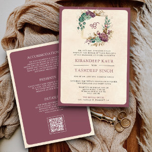 Invitation Mauve Floral QR Code Anand Karaj Sikh Mariage