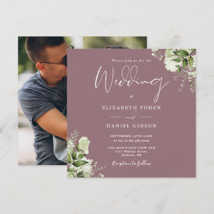 Invitation Mauve Greenery Floral Photo Carré Mariage