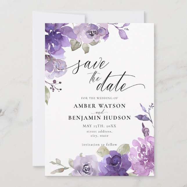 Invitation Mauve Lilac Dusty Purple Floral Enregistrer La Dat (Devant)