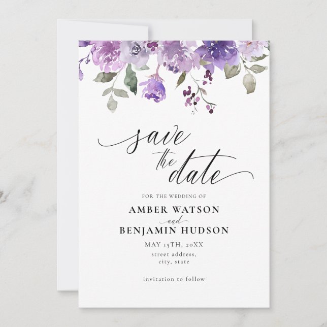Invitation Mauve Lilac Purple Floral Aquarelle Enregistrer La (Devant)