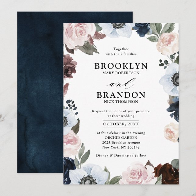 Invitation Mauve marine bleu poussiéreux et Mariage rose roux (Devant / Derrière)