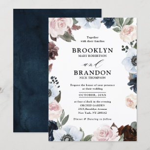 Invitation Mauve marine bleu poussiéreux et Mariage rose roux