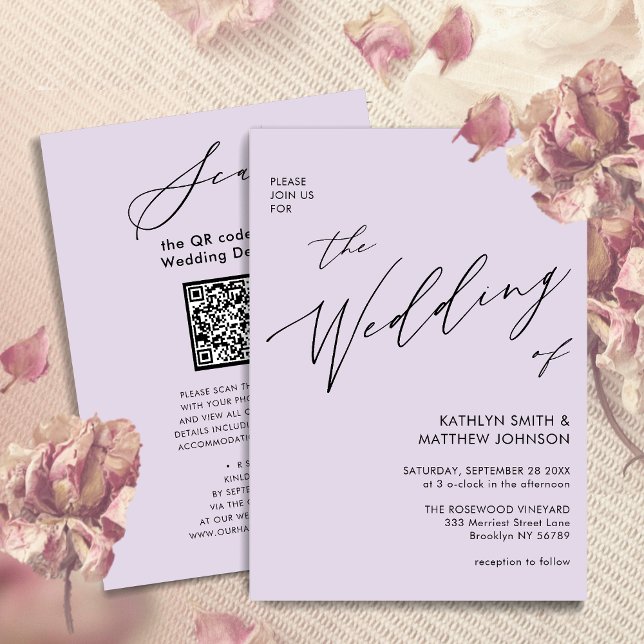 Invitation Mauve QR Code Tout en un élégant Mariage de script (Créateur téléchargé)