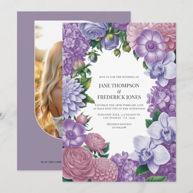 Invitation Mauve Quartz, Dusty Peony & Frosted Lilac Wedding (Devant / Derrière)