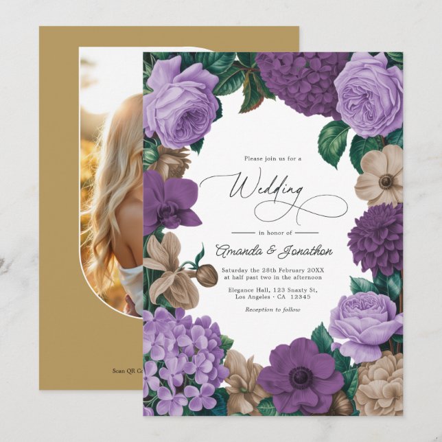 Invitation Mauve Quartz, Dusty Plum & Latte Beige Wedding (Devant / Derrière)