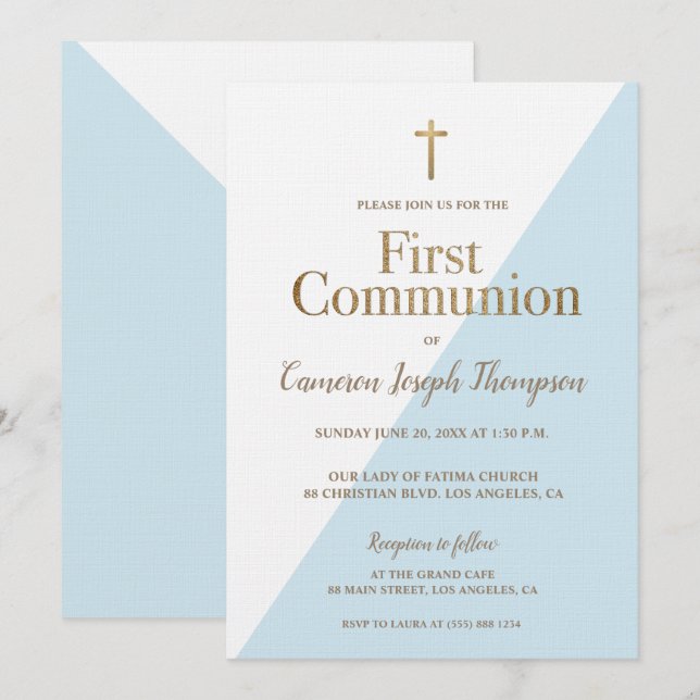 Invitation Mauve Religieux Or Bleu Première Sainte Communion (Devant / Derrière)