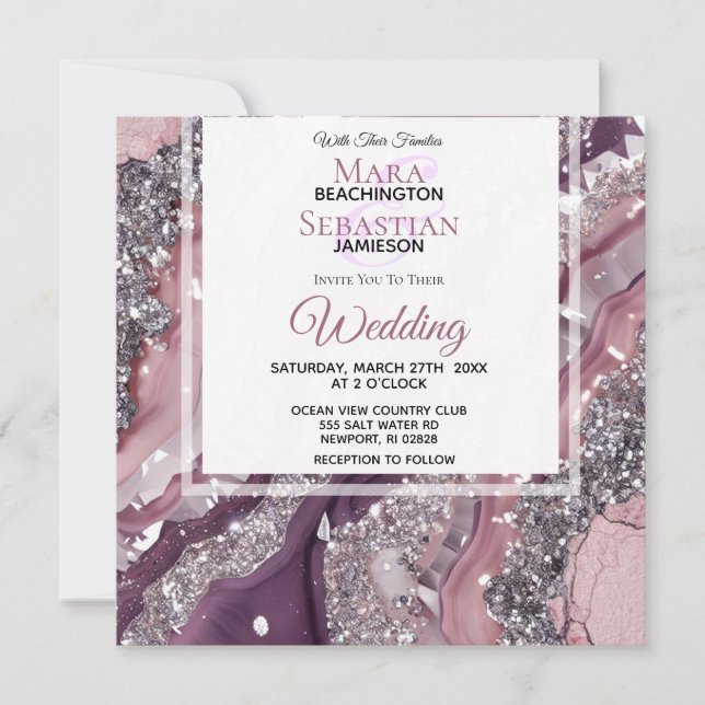 Invitation *~* MAUVE RSVP QR Silver AGATE AR66 Mariage (Devant)