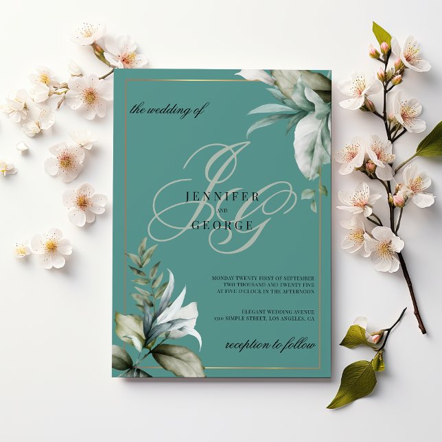 Invitation Mauve vert feuille or monogramme initiales mariage (Mauve green gold foliage monogram initials wedding)