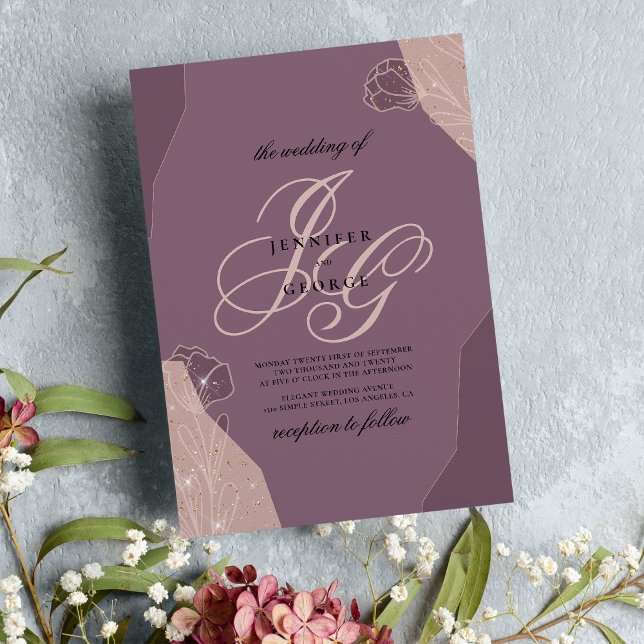 Invitation Mauve violet rose monogramme initiales mariage flo (Mauve purple pink monogram initials floral wedding)