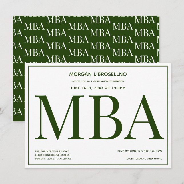 Invitation MBA diplôme Green White Graduation Party Invitatio (Devant / Derrière)