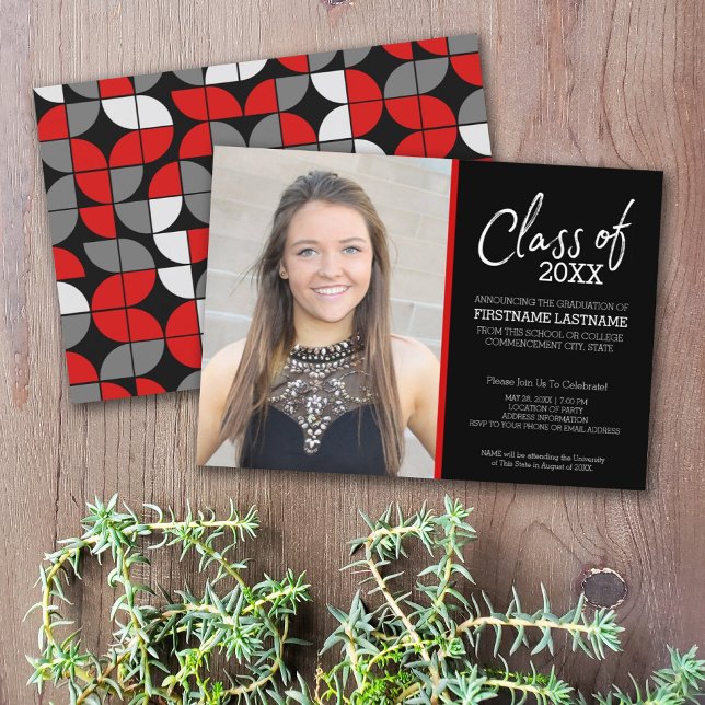 Invitation MCM Motif moderne Rouge noir photo de graduation (Créateur téléchargé)