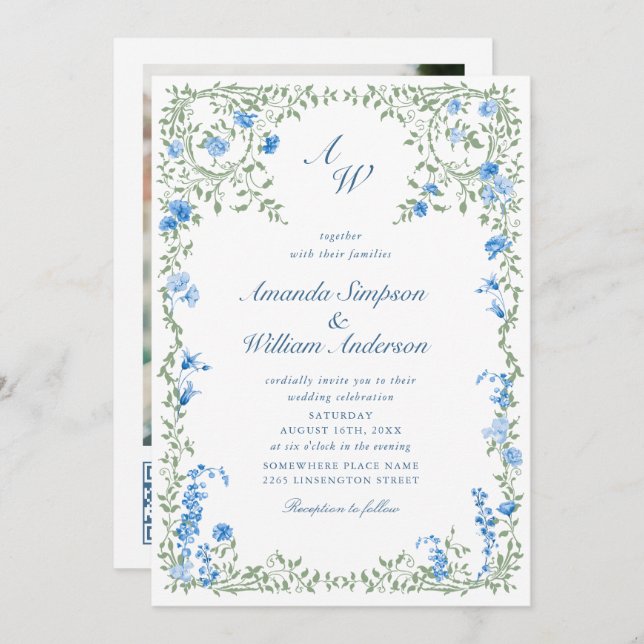 Invitation Meadow Blue Rose Mariage code QR Photo (Devant / Derrière)