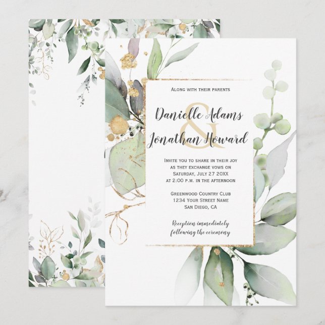 Invitation Meadow Green et Feuilles d'or Mariage géométrique  (Devant / Derrière)