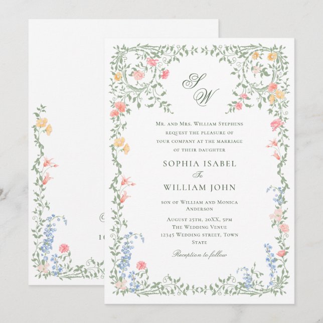 Invitation Meadow Pastel Français Rose Floral Mariage (Devant / Derrière)
