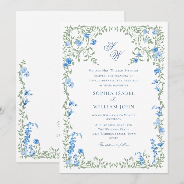Invitation Meadow Pastel Français Rose Floral Mariage (Devant / Derrière)