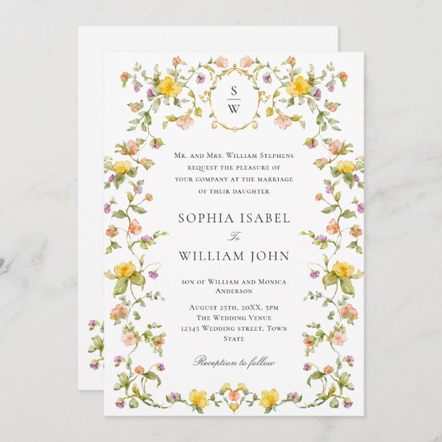 Invitation Meadow Pastel Français Rose Floral Mariage (Devant / Derrière)