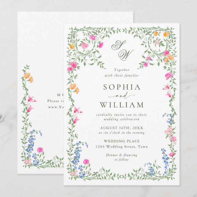 Invitation Meadow Pastel Français Rose Floral Mariage (Devant / Derrière)