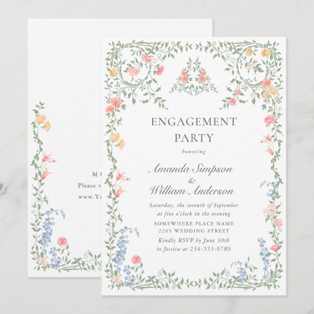 Invitation Meadow Pastel Rose Floral ENGAGEMENT PARTI (Devant / Derrière)