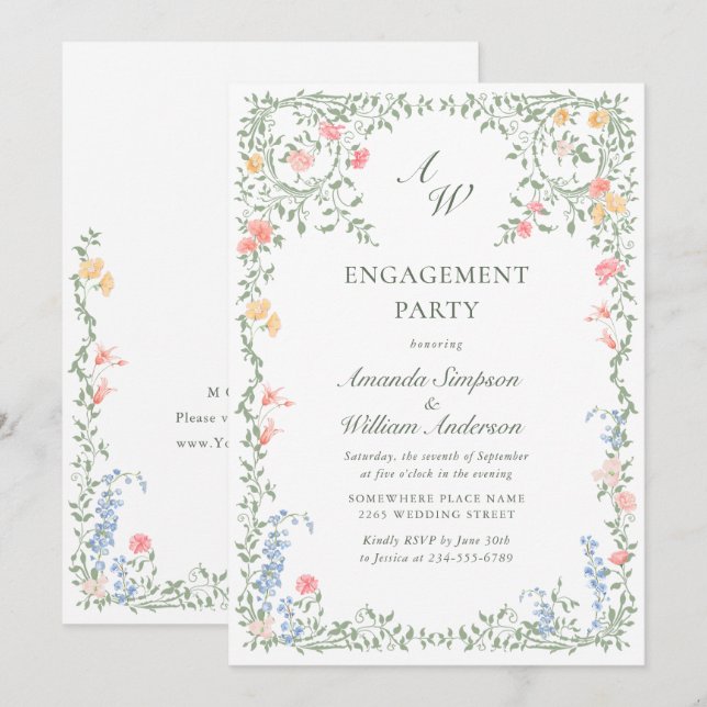 Invitation Meadow Pastel Rose Floral ENGAGEMENT PARTI (Devant / Derrière)
