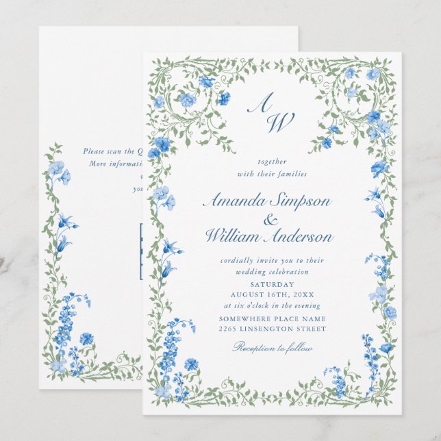 Invitation Meadow Pastel Rose Floral Mariage code QR (Devant / Derrière)