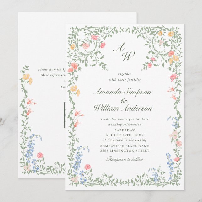 Invitation Meadow Pastel Rose Floral Mariage code QR (Devant / Derrière)
