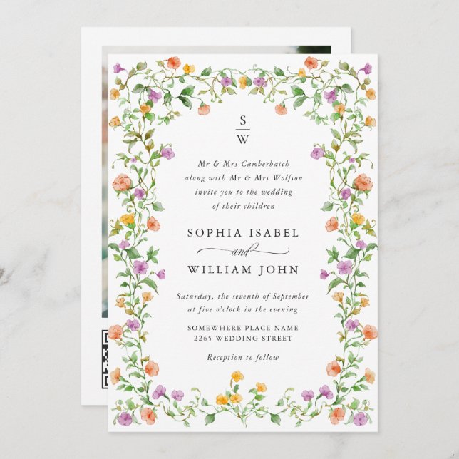 Invitation Meadow Pastel Rose Floral Mariage code QR (Devant / Derrière)
