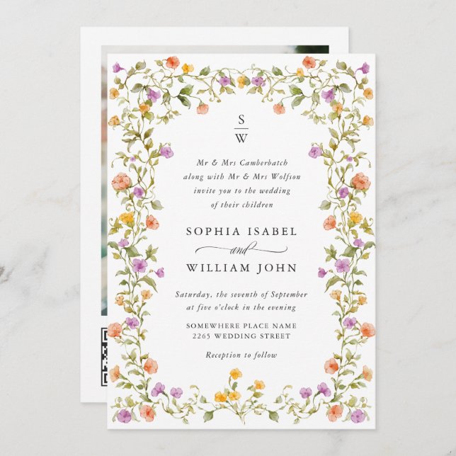 Invitation Meadow Pastel Rose Floral Mariage code QR (Devant / Derrière)