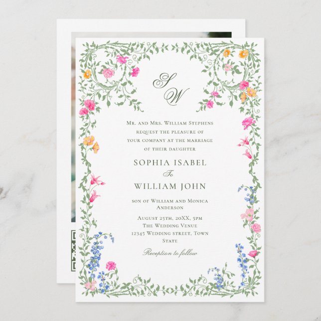 Invitation Meadow Pastel Rose Floral Mariage code QR (Devant / Derrière)