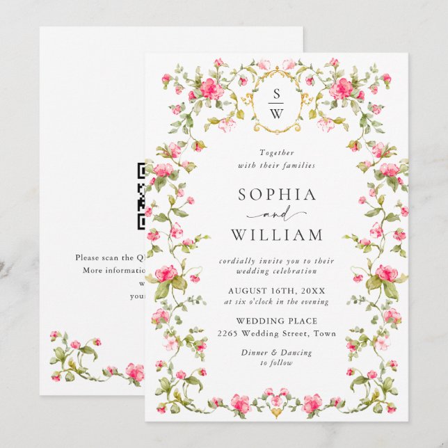 Invitation Meadow Pastel Rose Floral QR code Mariage (Devant / Derrière)