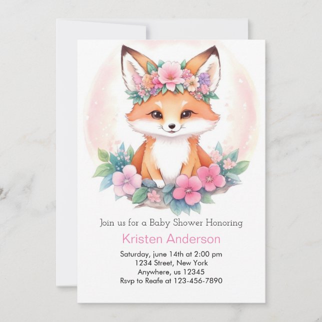 Invitation Meadow Whimsical Fox rose Boho Girl Baby shower (Devant)