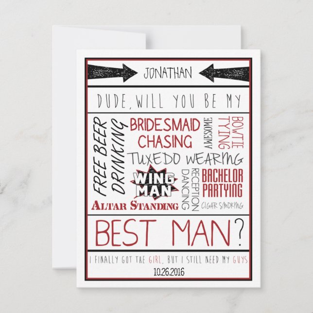 Invitation Mec, tu seras mon meilleur homme ? Collage rouge/n (Devant)