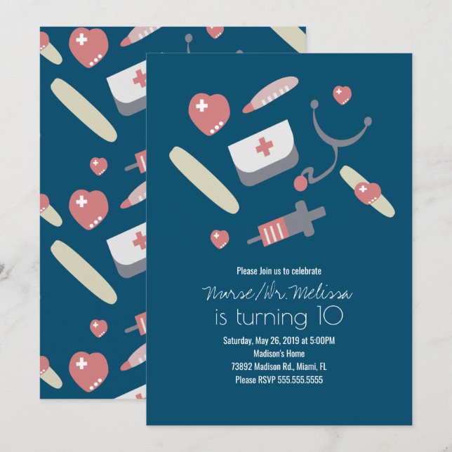 Invitation Médecin Infirmière fête d'anniversaire Motif Médic (Devant / Derrière)