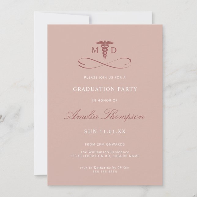 Invitation Médecine de la fête de Pink Docteur MD Graduation (Devant)
