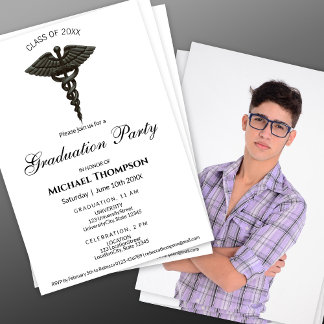 Invitation Medical Black Caduceus Noble Graduation | Photo