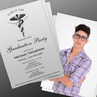 Invitation Medical Black White Caduceus Graduation | Photo