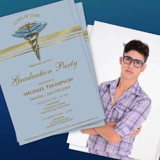 Invitation Medical Blue Caduceus Gold Stripe Graduation Photo