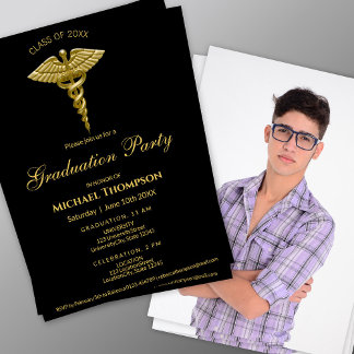 Invitation Medical Gold Caduceus Black Graduation | Photo