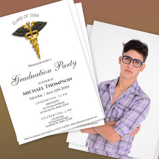Invitation Medical Gold Caduceus Black Wings Graduation Photo