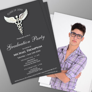 Invitation Medical White Caduceus Anthracite Photo Graduation