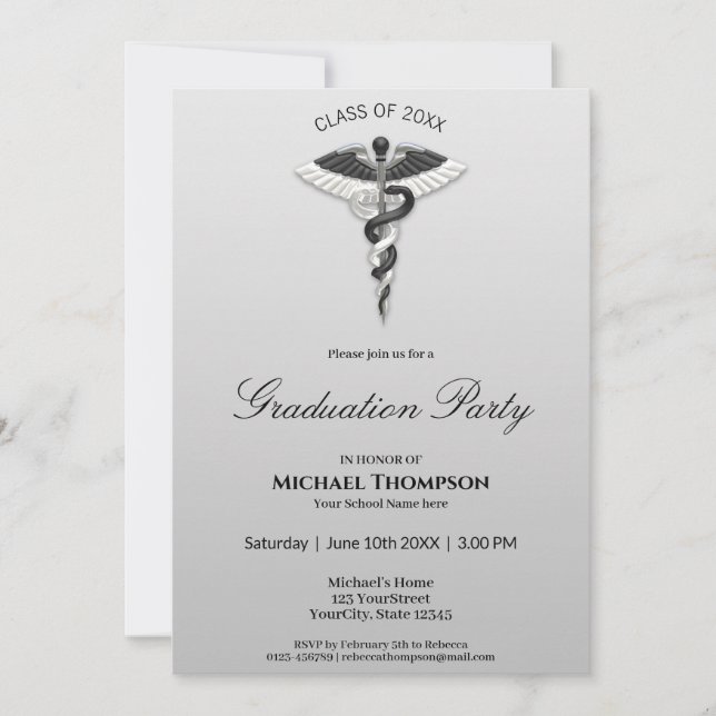 Invitation Médicale Élégant Noir Blanc Caduceus Gradué (Devant)