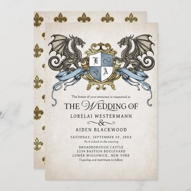 Invitation Medieval Fantasy Dragon Monogram Wedding (Devant / Derrière)